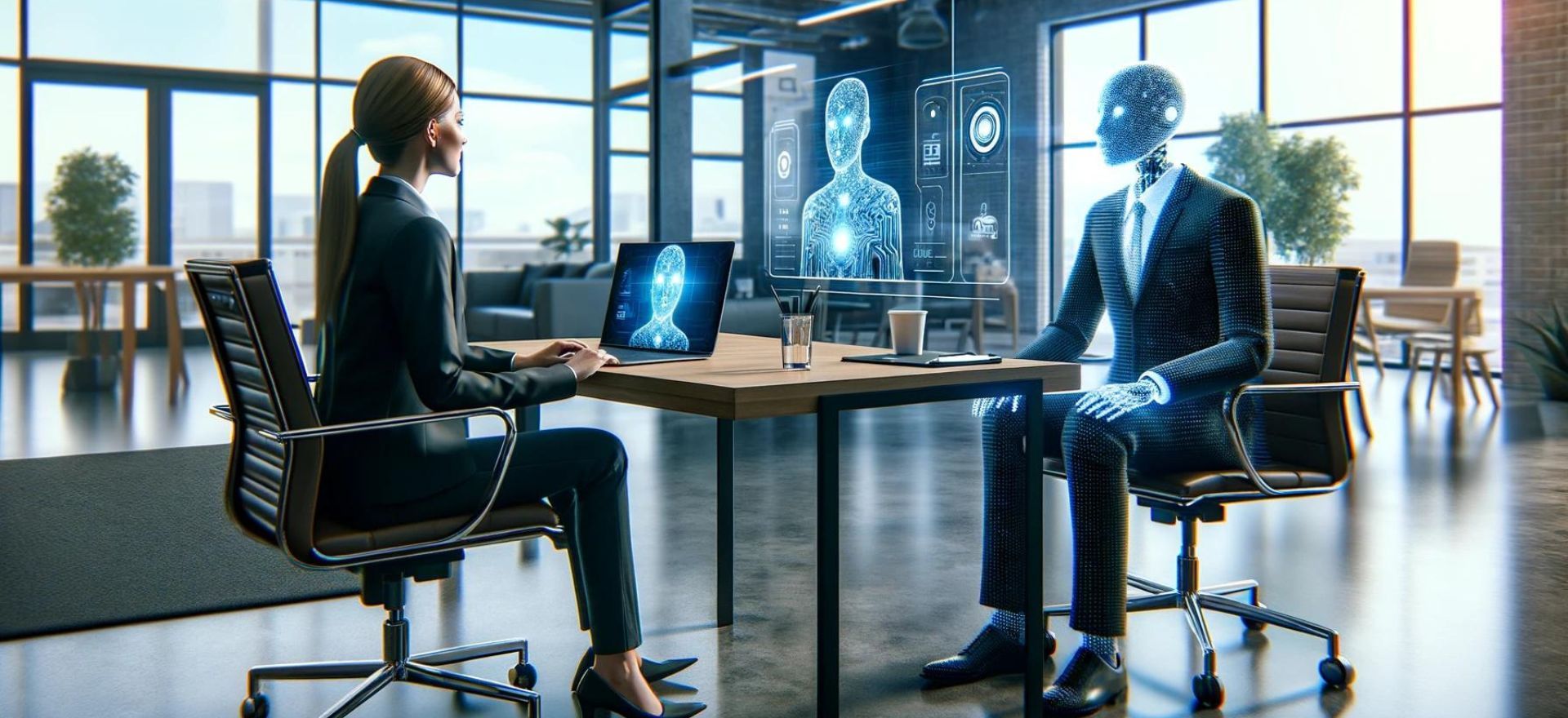 A candidate engages in a cutting-edge job interview with an AI, reflecting the innovative and forward-thinking environment of the tech industry.